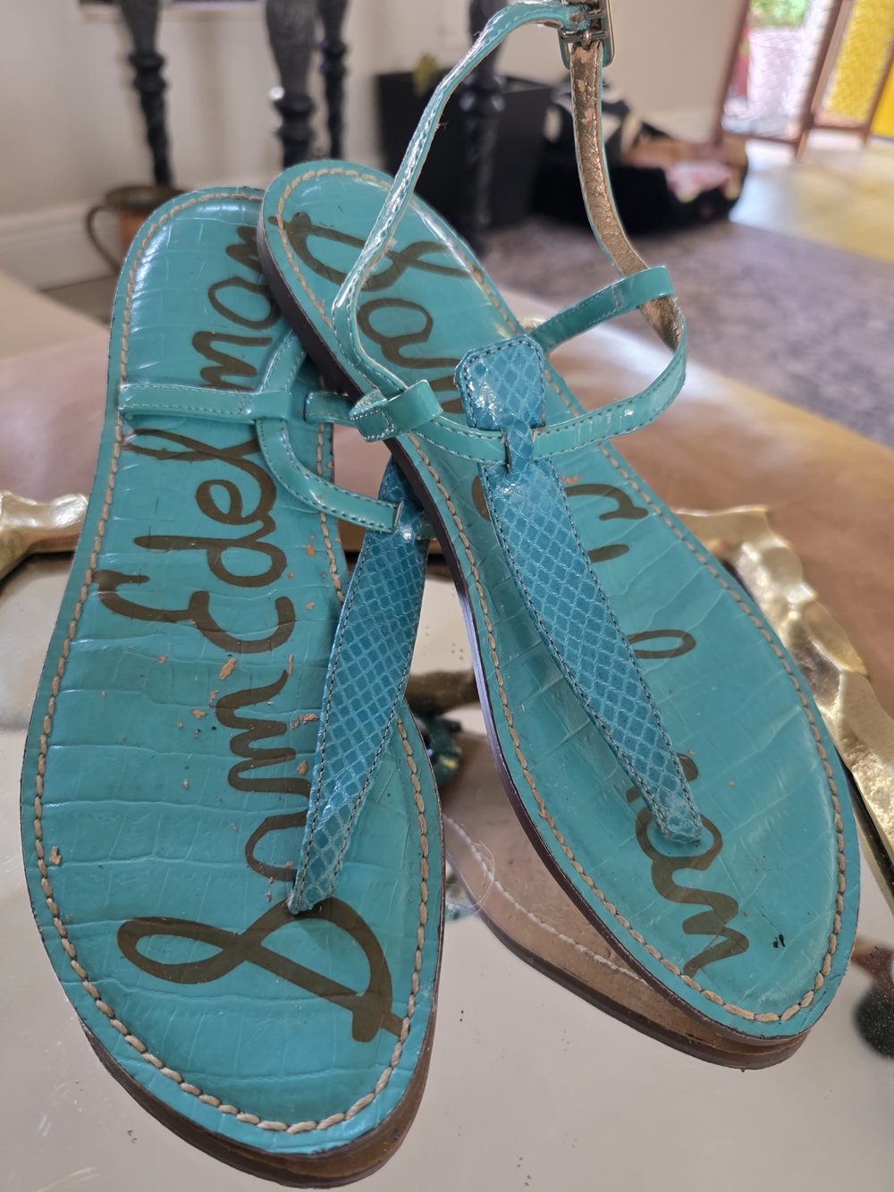 Sam Edelman Turquoise Patent Leather T-Strap Sandals
